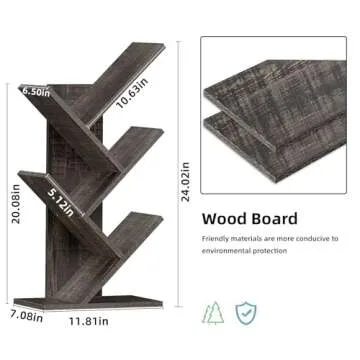 SHEEPAM 5 Tier Tree Book Shelf, Small Desktop Bookshelf with Storage Organizer, Wood Bookcase, Desk Display Bookshelves, Floor Standing Organizer Bookcases for Living Room,Bedroom,Office-Dark Grey