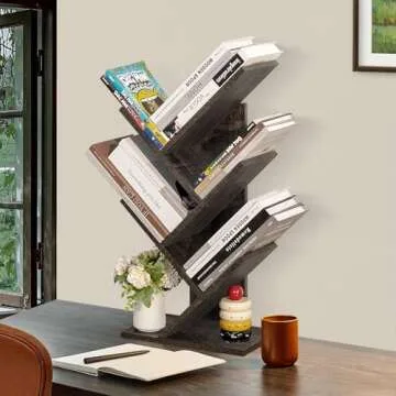 SHEEPAM 5 Tier Tree Book Shelf, Small Desktop Bookshelf with Storage Organizer, Wood Bookcase, Desk Display Bookshelves, Floor Standing Organizer Bookcases for Living Room,Bedroom,Office-Dark Grey