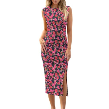 ANRABESS Womens Summer Sleeveless Dresses Crew Neck Slim fit 2025 Trendy Casual Button Slit Bodycon ...