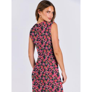 ANRABESS Womens Summer Sleeveless Dresses Crew Neck Slim fit 2025 Trendy Casual Button Slit Bodycon Party Club Midi Dress Rose Red Flower X-Large