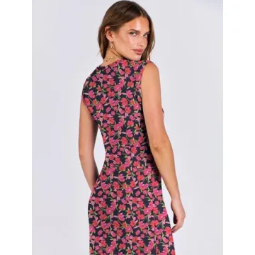 ANRABESS Womens Summer Sleeveless Dresses Crew Neck Slim fit 2025 Trendy Casual Button Slit Bodycon Party Club Midi Dress Rose Red Flower X-Large