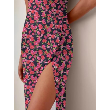 ANRABESS Womens Summer Sleeveless Dresses Crew Neck Slim fit 2025 Trendy Casual Button Slit Bodycon Party Club Midi Dress Rose Red Flower X-Large