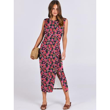 ANRABESS Womens Summer Sleeveless Dresses Crew Neck Slim fit 2025 Trendy Casual Button Slit Bodycon Party Club Midi Dress Rose Red Flower X-Large