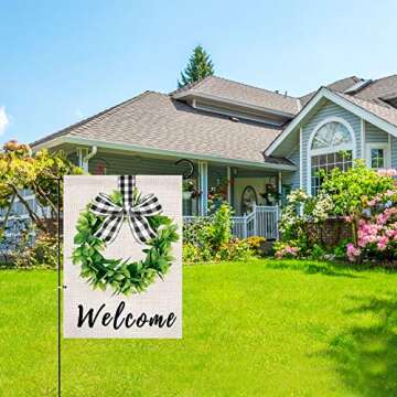 XIFAN Welcome Garden Flag Heavyweight Burlap Boxwood Wreath Flag Double Sided Buffalo Plaid Bow Smal...
