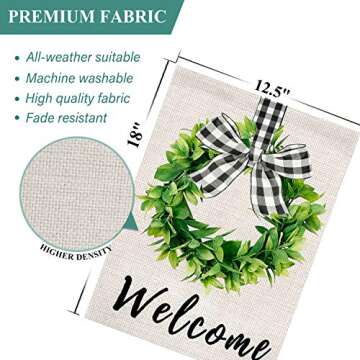 XIFAN Welcome Garden Flag Heavyweight Burlap Boxwood Wreath Flag Double Sided Buffalo Plaid Bow Small 12.5 x 18 Inch Spring Yard Farmhouse Outdoor Decoration