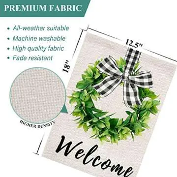 XIFAN Welcome Garden Flag Heavyweight Burlap Boxwood Wreath Flag Double Sided Buffalo Plaid Bow Small 12.5 x 18 Inch Spring Yard Farmhouse Outdoor Decoration