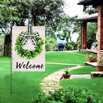 XIFAN Welcome Garden Flag Heavyweight Burlap Boxwood Wreath Flag Double Sided Buffalo Plaid Bow Small 12.5 x 18 Inch Spring Yard Farmhouse Outdoor Decoration