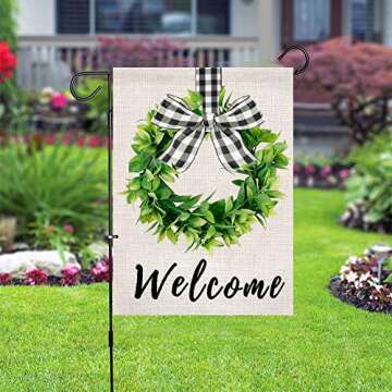 XIFAN Welcome Garden Flag Heavyweight Burlap Boxwood Wreath Flag Double Sided Buffalo Plaid Bow Small 12.5 x 18 Inch Spring Yard Farmhouse Outdoor Decoration