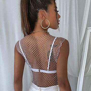 Campsis Mesh Rhinestone Bikni Swimsuit Cover Ups Sexy See Through Sleeveless Beach Coverups Fishnet Hollow Out Crop Top Shirts Fashion Rave Festival Clubwear Cover Up for Women and Girls