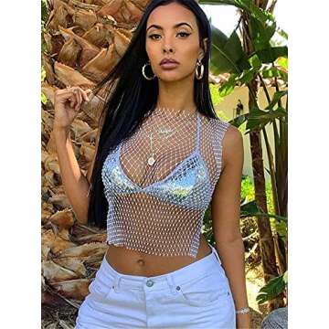 Campsis Mesh Rhinestone Bikni Swimsuit Cover Ups Sexy See Through Sleeveless Beach Coverups Fishnet Hollow Out Crop Top Shirts Fashion Rave Festival Clubwear Cover Up for Women and Girls