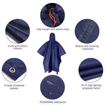 AGPTEK Waterproof Rain Poncho with Hood, EVA Hiking Raincoat with Carrying Bag for Camping, Travel, Outdoor, Biking, Dark Blue