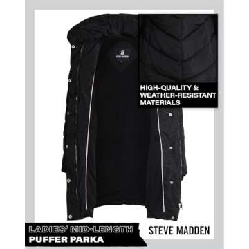 Steve Madden Women's Long Heavy Weight Puffer Jacket, Black, Medium
