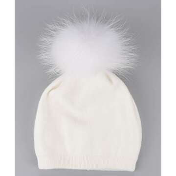 EASTER BARTHE White Cashmere Beanie Hat Women Winter Slouchy Knit Beanie Hat with White Fur Pom Pom Beanie Ski Hat Stocking Cap Hat