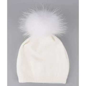 Stylish White Cashmere Beanie Hat and Pom Pom