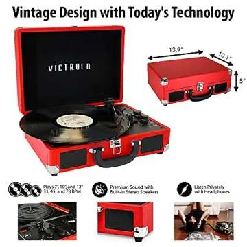 Victrola Vintage 3-Speed Bluetooth Portable Suitcase Record Player with Built-in Speakers | Upgraded Turntable Audio Sound|Red, Model Number: VSC-550BT-RD