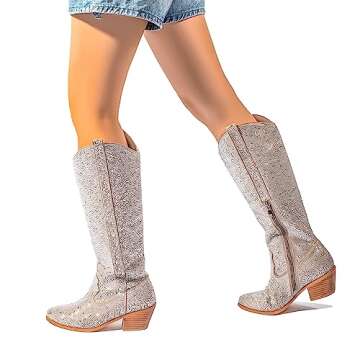 Atuelang Women's Rhinestone Cowgirl Boots Sparkly Pointed Toe Cowboy Western Fashion Boots, Rhinestone-knee High, 8 UK