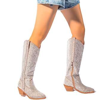 Atuelang Women's Rhinestone Cowgirl Boots Sparkly Pointed Toe Cowboy Western Fashion Boots, Rhinestone-knee High, 8 UK