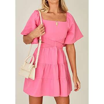 Shy Velvet Women's Summer Dress Square Neck Short Sleeves Crossover Waist Casual Party Mini Dress Pink
