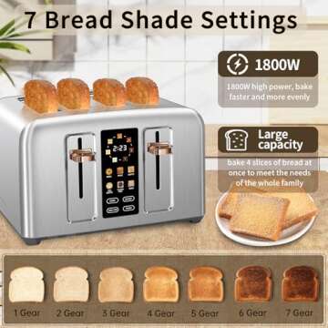 SEEDEEM Toaster 4 Slice, Stainless Toaster & Touch Control, LCD Display, 6 Bread Type, 7 Shade Settings, 1.5'' Wide Slots, Cancel/Defrost/Reheat, Removable Crumb Tray, 1800W, Silver Metallic