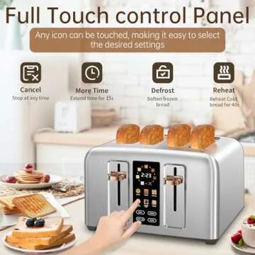 SEEDEEM Toaster 4 Slice, Stainless Toaster & Touch Control, LCD Display, 6 Bread Type, 7 Shade Settings, 1.5'' Wide Slots, Cancel/Defrost/Reheat, Removable Crumb Tray, 1800W, Silver Metallic