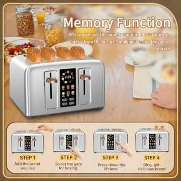 SEEDEEM Toaster 4 Slice, Stainless Toaster & Touch Control, LCD Display, 6 Bread Type, 7 Shade Settings, 1.5'' Wide Slots, Cancel/Defrost/Reheat, Removable Crumb Tray, 1800W, Silver Metallic
