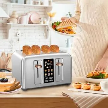SEEDEEM Toaster 4 Slice, Stainless Toaster & Touch Control, LCD Display, 6 Bread Type, 7 Shade Settings, 1.5'' Wide Slots, Cancel/Defrost/Reheat, Removable Crumb Tray, 1800W, Silver Metallic