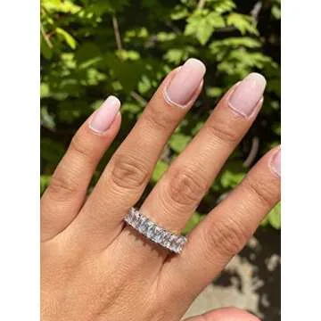 OPOMOMO 18K White Gold Plated Eternity Ring Band Cubic Zirconia Emerald Cut Rings Band For Women Men(9)