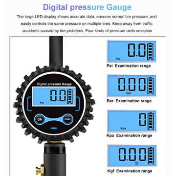 Digital tire Pressure Gauge with inflator,Accurate 0.1 Display Resolution 235Psi Heavy Duty Air Chuck and Compressor Accessories with Rubber Hose and Quick Connect Plug for Truck,Cars and Motorcycle