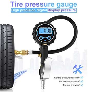 Digital tire Pressure Gauge with inflator,Accurate 0.1 Display Resolution 235Psi Heavy Duty Air Chuck and Compressor Accessories with Rubber Hose and Quick Connect Plug for Truck,Cars and Motorcycle
