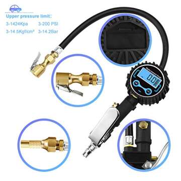 Digital tire Pressure Gauge with inflator,Accurate 0.1 Display Resolution 235Psi Heavy Duty Air Chuck and Compressor Accessories with Rubber Hose and Quick Connect Plug for Truck,Cars and Motorcycle