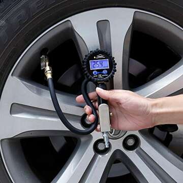 Digital tire Pressure Gauge with inflator,Accurate 0.1 Display Resolution 235Psi Heavy Duty Air Chuck and Compressor Accessories with Rubber Hose and Quick Connect Plug for Truck,Cars and Motorcycle