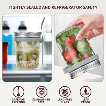 P&Y Overnight Oats Containers with Lids, 12 Oz Glass with Spoons for Mason Overnight Oats Jars, Oatmeal Container for Cereal Yogurt Fruit Vegetable Salad and Parfait(Silver, 2Pack)