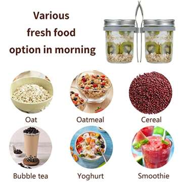 P&Y Overnight Oats Containers with Lids, 12 Oz Glass with Spoons for Mason Overnight Oats Jars, Oatmeal Container for Cereal Yogurt Fruit Vegetable Salad and Parfait(Silver, 2Pack)