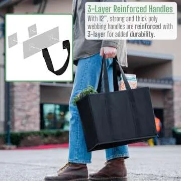 VENO 3 Pack Reusable Grocery Bags, Shopping Bags for groceries, Utility Tote with Handles and Hard Bottom, Foldable Shopping Cart Organizer, Multi-Purpose, Heavy-Duty (Black, 6 Gallon-3 Pack)