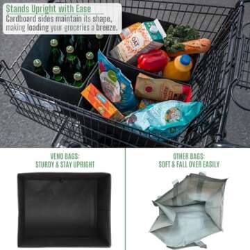 VENO 3 Pack Reusable Grocery Bags, Shopping Bags for groceries, Utility Tote with Handles and Hard Bottom, Foldable Shopping Cart Organizer, Multi-Purpose, Heavy-Duty (Black, 6 Gallon-3 Pack)