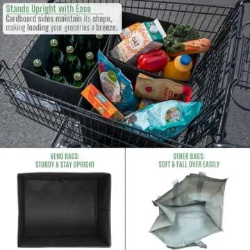 VENO 3 Pack Reusable Grocery Bags, Shopping Bags for groceries, Utility Tote with Handles and Hard Bottom, Foldable Shopping Cart Organizer, Multi-Purpose, Heavy-Duty (Black, 6 Gallon-3 Pack)