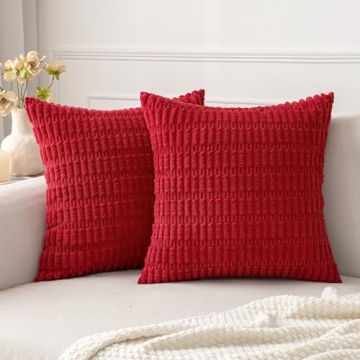 MIULEE Pack of 2 Red Corduroy Decorative Pillow Covers 18x18 Inch Soft Boho Striped Throw Pillow Cov...