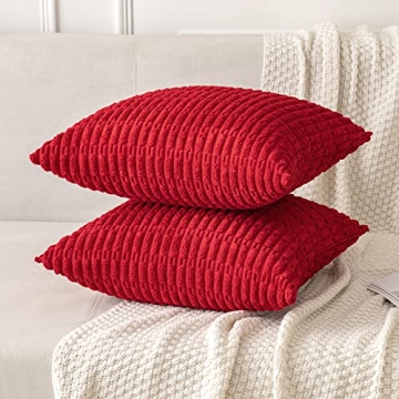 MIULEE Pack of 2 Red Corduroy Decorative Pillow Covers 18x18 Inch Soft Boho Striped Throw Pillow Covers Modern Farmhouse Home Decor for Sofa Living Room Couch Bed