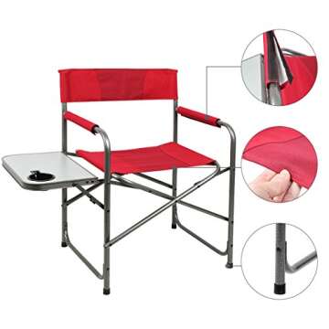 PORTAL Portable Compact Steel Frame Director’s Side Table Lightweight Oversized Chair for Outdoor Camp Fishing Picnic Lawn, Support 225lbs, Red