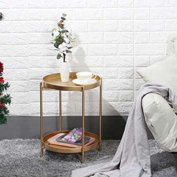 Gold Round End Side Table,Metal Tray Accent Table,Modern Bedside Table for Small Spaces,Anti-Rust Ou...