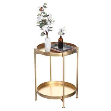 Gold Round End Side Table,Metal Tray Accent Table,Modern Bedside Table for Small Spaces,Anti-Rust Outdoor & Indoor Snack Table with Removable Tray (2-Tier-Golden)