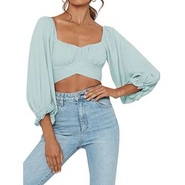 LYANER Women's Cute Off Shoulder Long Sleeve Self Tie Knot Crop Tube Top Blouse - Mint Green