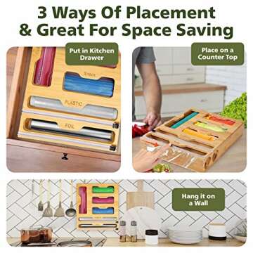 Bag Storage Organizer for Kitchen Drawer, 6 in 1 Foil and Plastic Wrap Dispenser with Cutter, Bamboo Plastic Bag Food Baggie Organizer for Gallon, Quart, Sandwich, Snack 16.8" x 13.8" x 3.5"