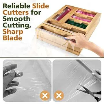 Bag Storage Organizer for Kitchen Drawer, 6 in 1 Foil and Plastic Wrap Dispenser with Cutter, Bamboo Plastic Bag Food Baggie Organizer for Gallon, Quart, Sandwich, Snack 16.8" x 13.8" x 3.5"