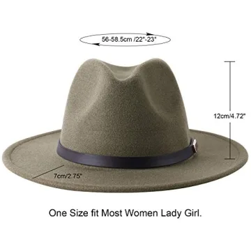 Lanzom Women Retro Wide Brim Fedora Hat in Olive Green