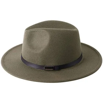 Lanzom Women Retro Wide Brim Fedora Hat in Olive Green