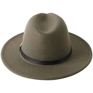 Lanzom Women Retro Wide Brim Fedora Hat in Olive Green