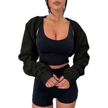 Zwurew Bolero Shrug Black Sweatshirts Long Sleeve Workout Tops for Women 2024 Cropped Cardigan Shrugs Y2K Clothes