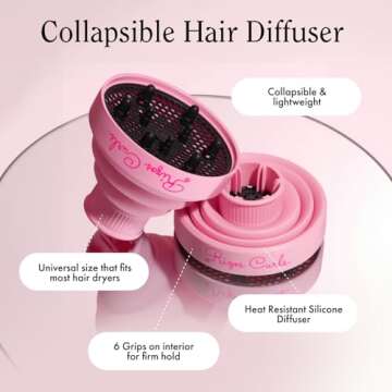 Rizos Curls Collapsible Hair Diffuser, Dry Curls Evenly & Faster, Enhances Curl Definition, Volume, and Minimize Frizz, Universal Size Fits Most Hair Dryers, Pink