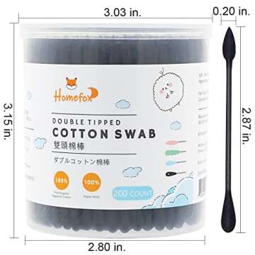 HOMEFOX Black Cotton Swabs Precision Pointed - 400 Count Organic Pointy Pointed Cotton Bud Double Side Tightly Wrapped Charcoal Cotton Tip Paper Stick Soft Gentle Cruelty-Free, Pointy & Round (Black)